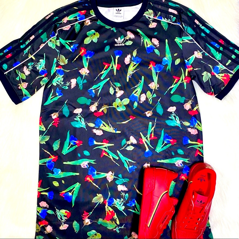 Adidas Floral Dress Athleisure Streetwear Y2K Black Print Mini Tunic New - Picture 3 of 12